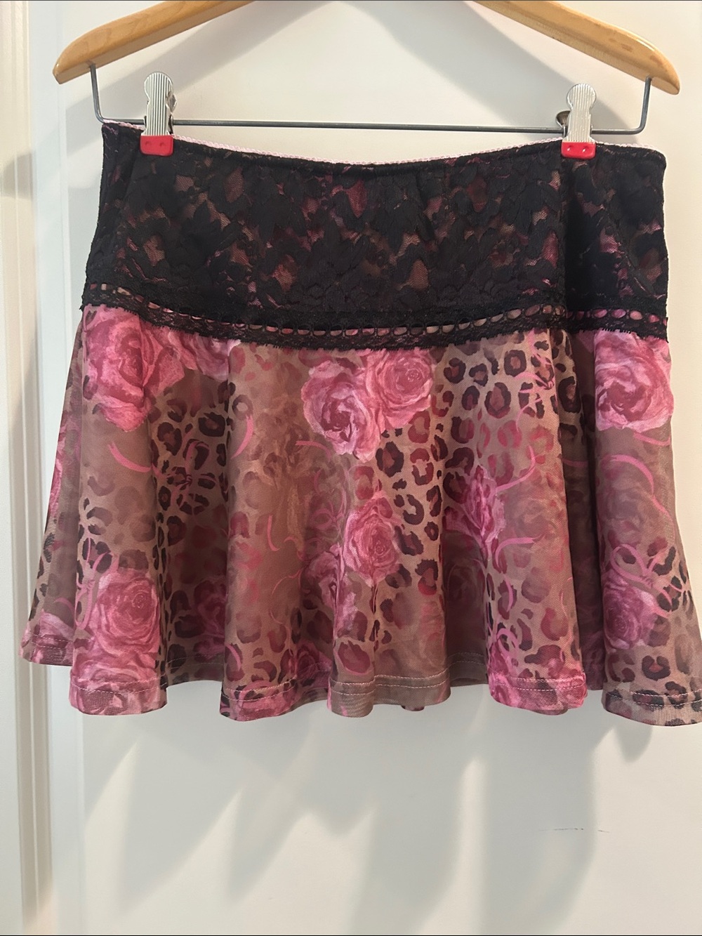 Daisy Street Lace-Detail Pink Floral & Leopard Print Lined Skirt side Zip XL